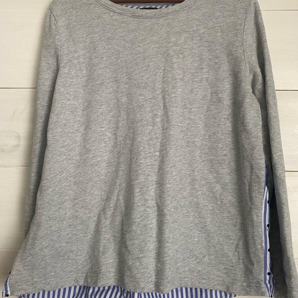 Talbots Mixed Media Knit Top - Gray & Blue Striped Polka Dot Pleated Back Lg